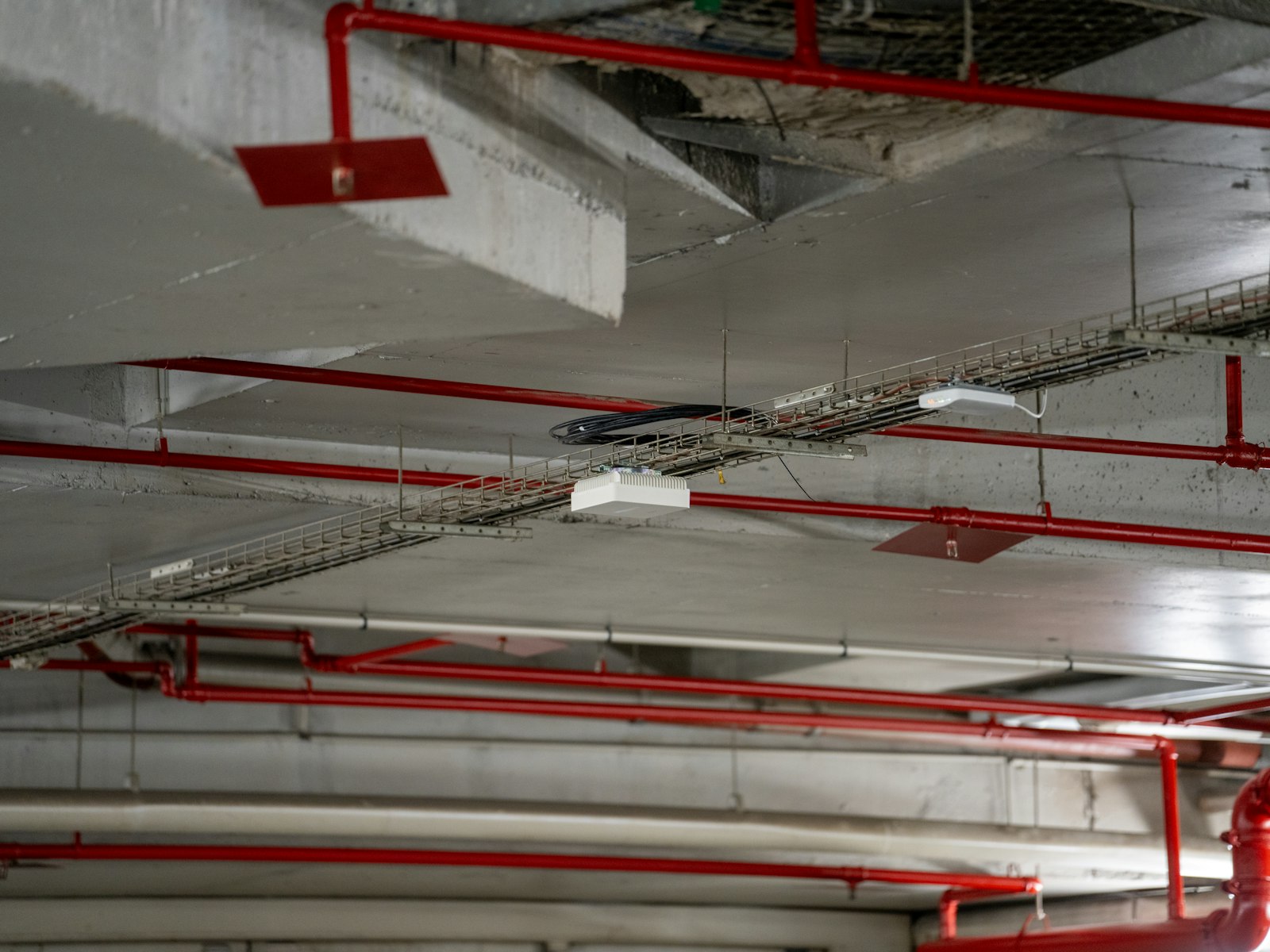 Red fire sprinkler pipework running beneath a concrete ceiling